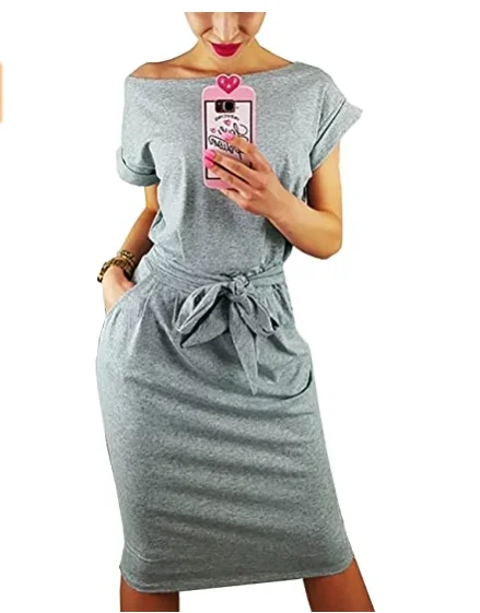

Casual Short Sleeve Party Bodycon Sheath Belted Dress with Pockets