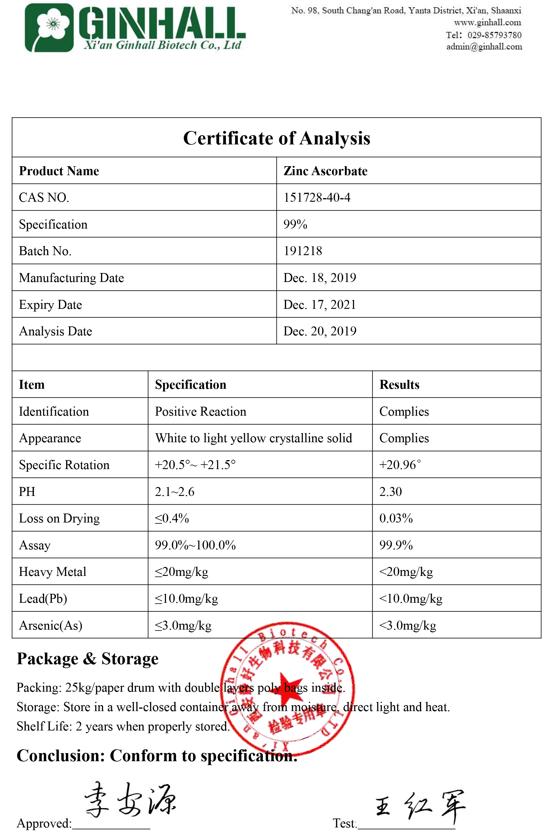 COA- Zinc Ascorbate