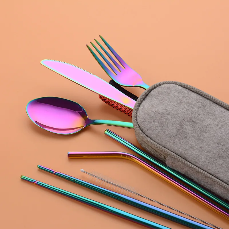 

8-Piece Portable Stainless Steel Reusable Flatware Set with Zipper Tableware Bag Travel Silverware Set