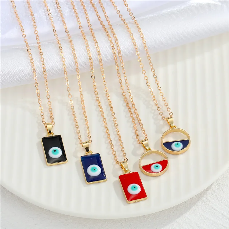 

Bohemian Jewelry dripping oil square evil eye pendant necklace ladies round hollow clavicle chain