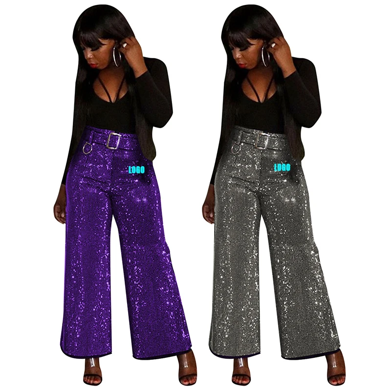 

Free Shipping women Wide Leg Pants Sparkle Shining long pants Evening Party High waist belt Casual wear Loose Pants, Customized color