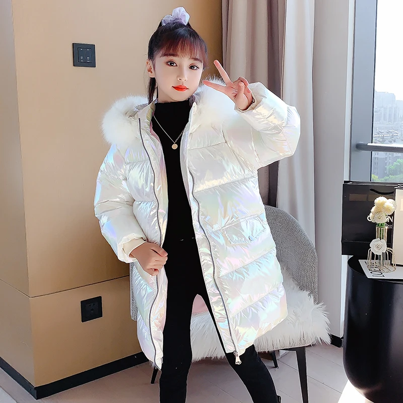 

Latest Design New Large Fur Collar Hooded Long-sleeved Winter Thick Cotton Kids Girl Coats, 4 colors