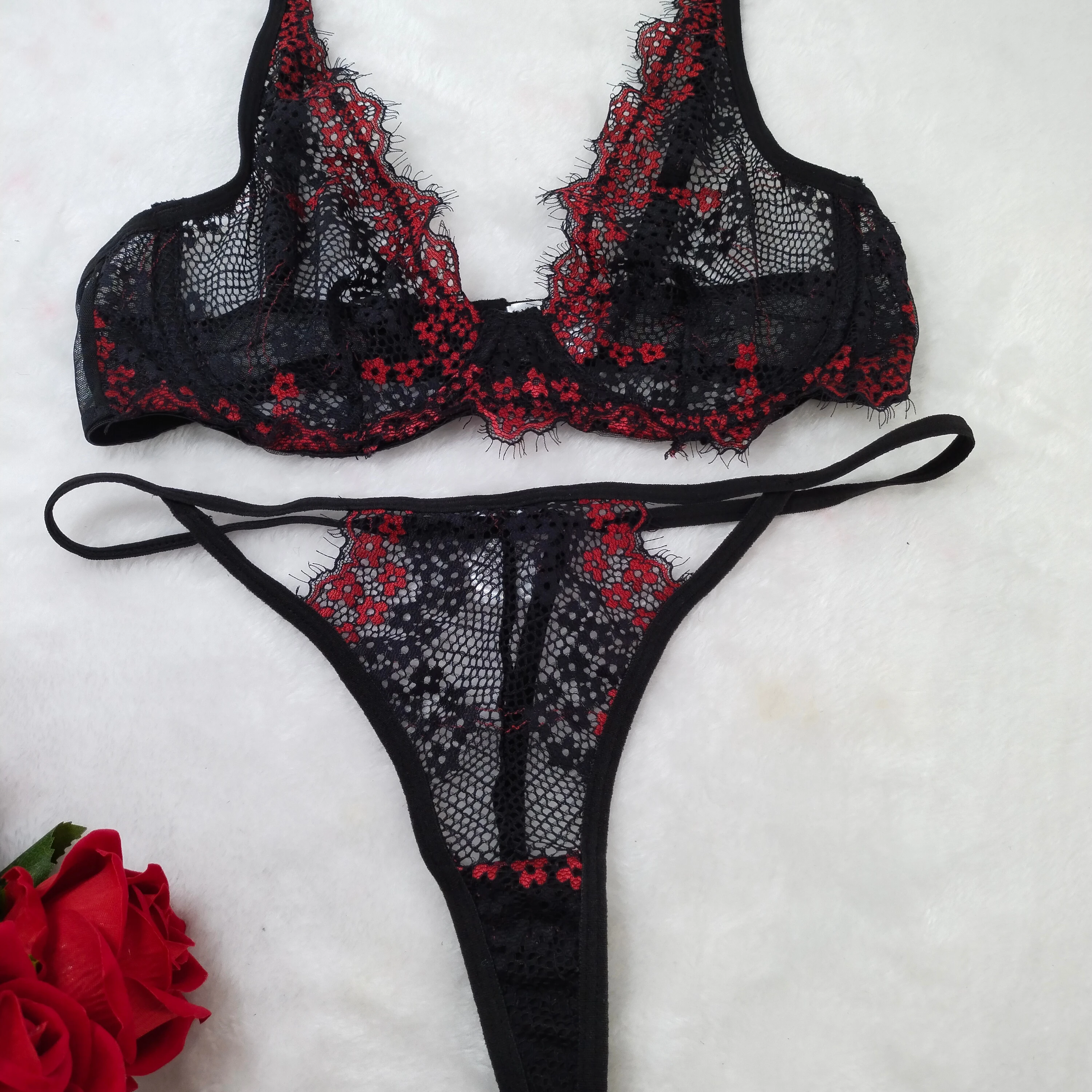 

Push Up Bra Panty Set Black Women's Underwear Eyelashes Floral Bra And Pantie Set