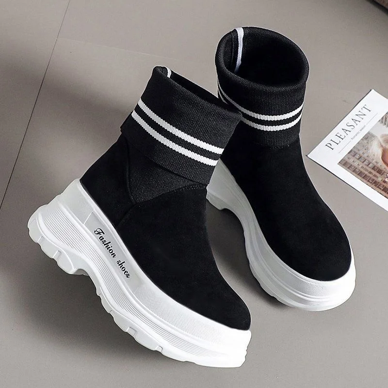 

HOT sale Sock Boots Woman 11 CM Hided Wedge Platform Female Casual Shoes Wedge Lady Knitting Short Platform Ankle Boots