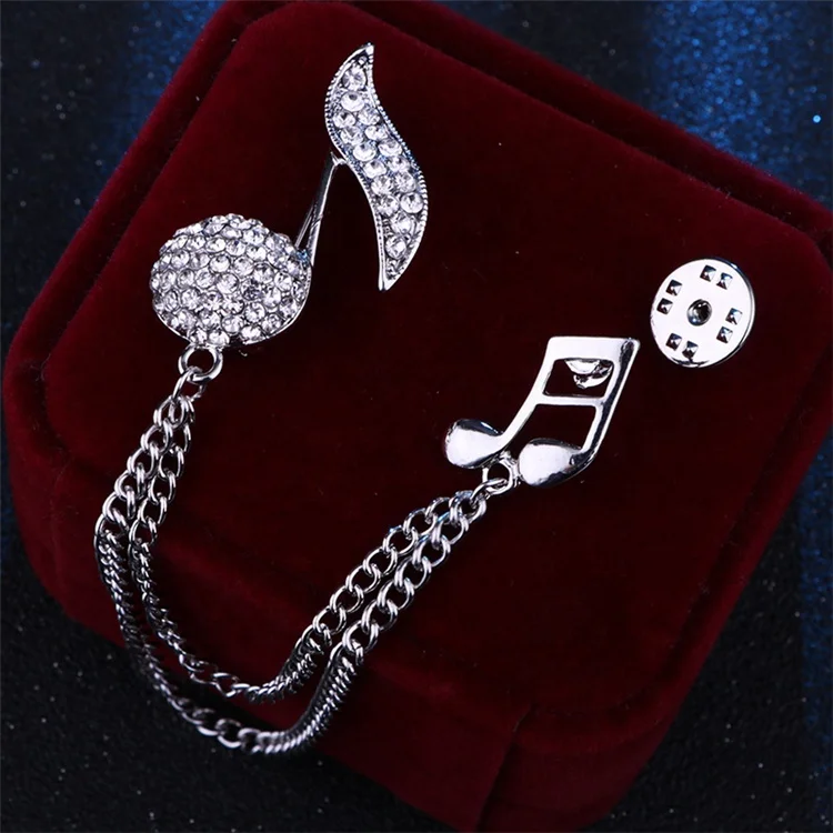 

High-end unisex suit tassel chain crystal musical notes brooch, Gold and silver color