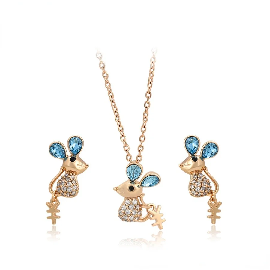 

A00755828 Xuping Jewelry Cute delicate mouse blue Crystal ears 18K gold pendant necklace and earrings 2 piece set