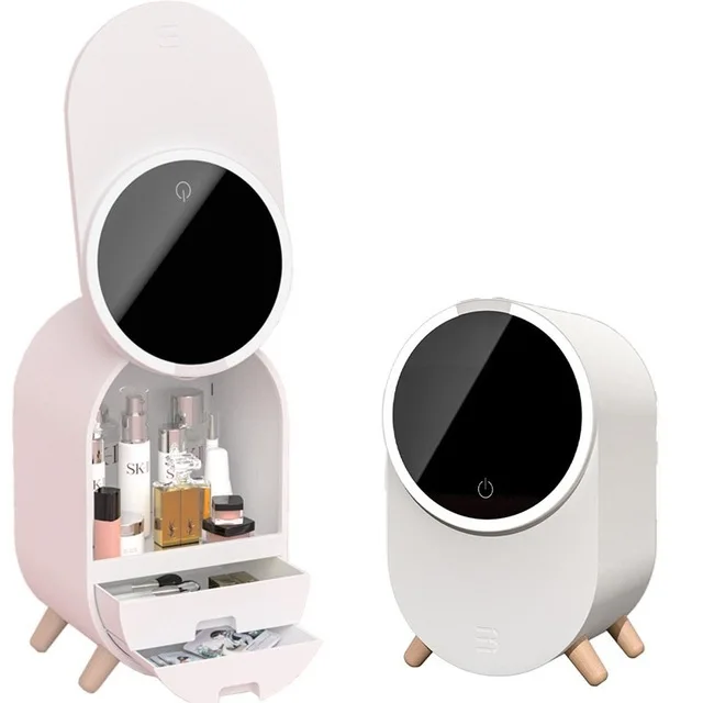 

2020 new design LED lighted Mirror cosmetics organizer dust proof makeup organizer