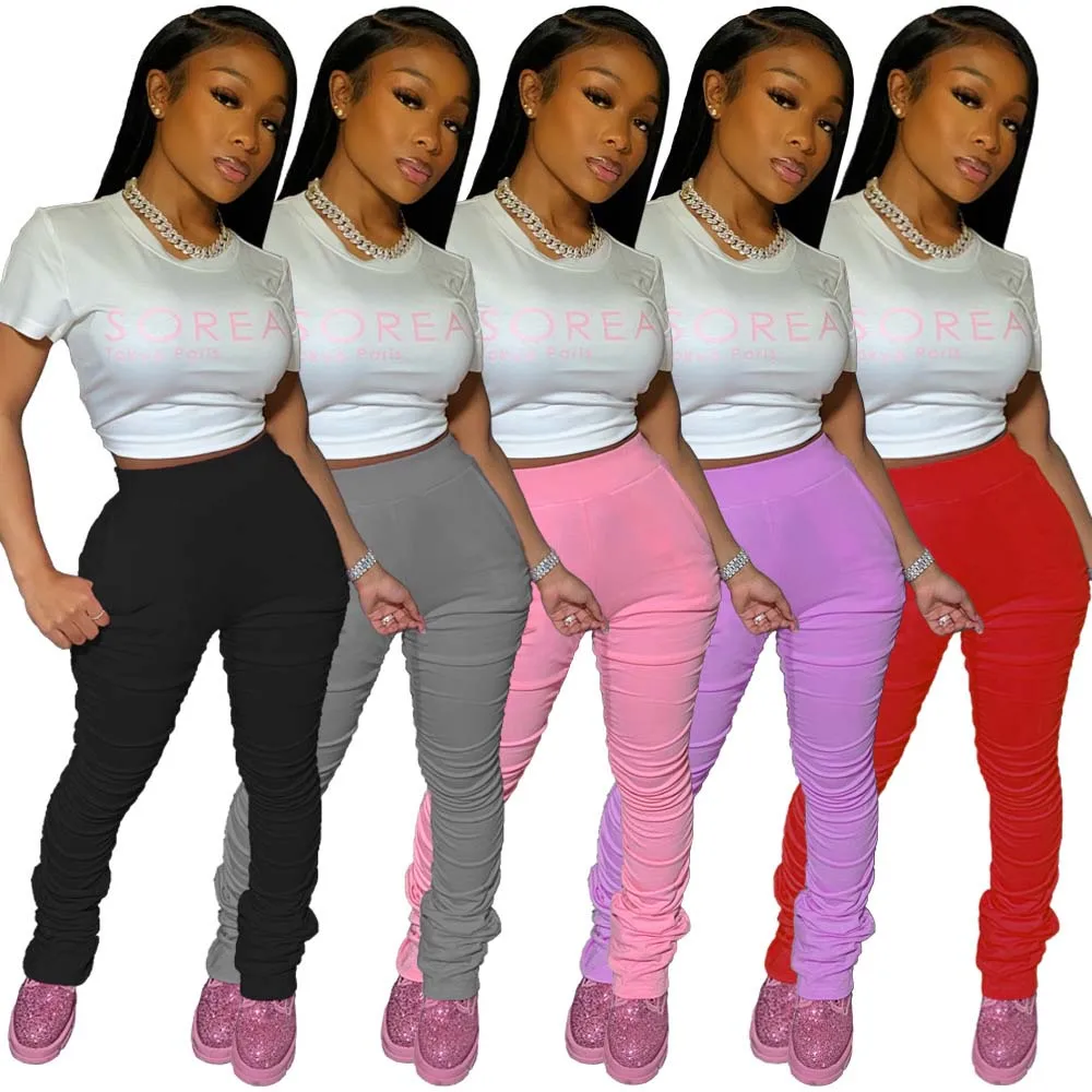

XS-2XL solid color high waist ruched pants women stacked leggings, Black, gray, pink, gray, red
