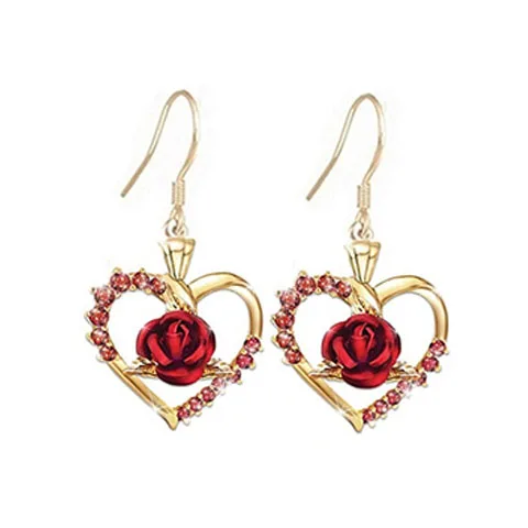 

Creative new heart-shaped romantic red rose rhinestone pendant earrings