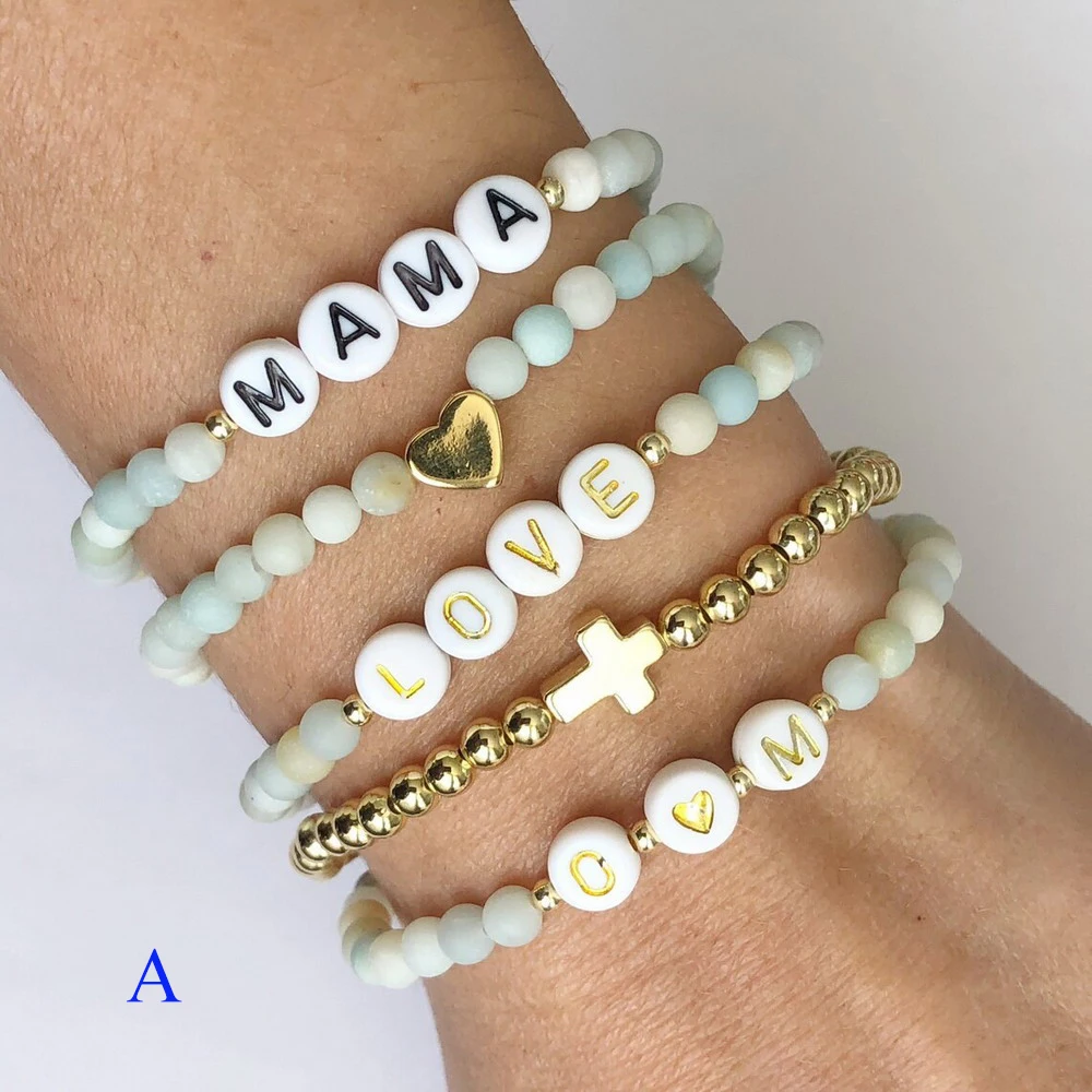 

customization stack natural rose quartz stone beads name personalized words golden filled beads heart cross charm bracelet set