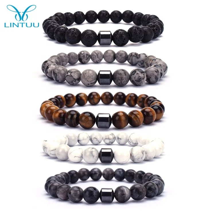 

2020 Hot Selling Wholesale Custom 8mm Magnet Charm Beads Stretch Natural Stone Lava Bead Bracelet For Couple