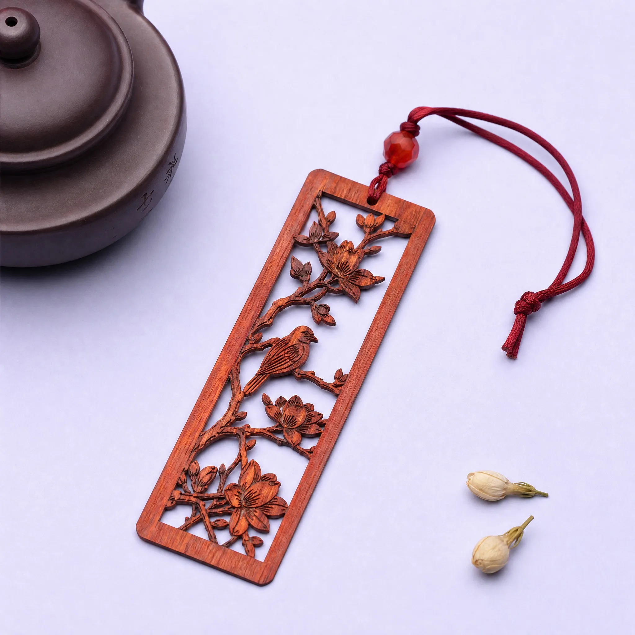 Custom Red Sandalwood Rosewood Songbird and Magnolia Window Carved Bookmark