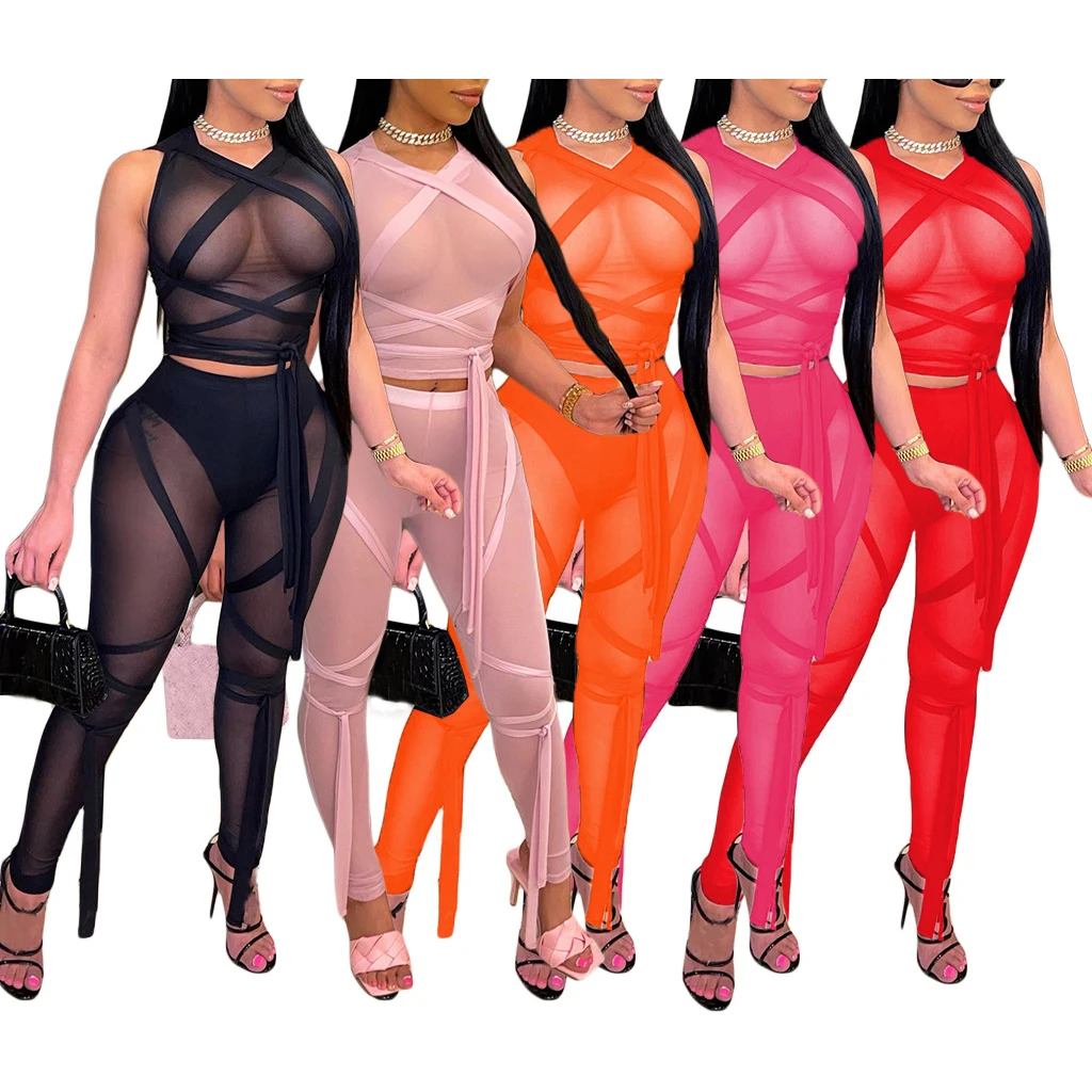 

FS2658D women Summer mesh Outfit Two Piece Set Sleeveless Crop Tops and Pants Sexy Club Matching Sets