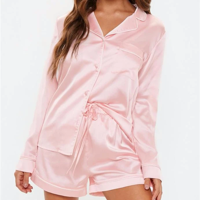 

Custom Plain Color Women Oversized Piping Short Pyjama Set Luxury Satin Button PJS, Pink, navy, black, orcustomized color