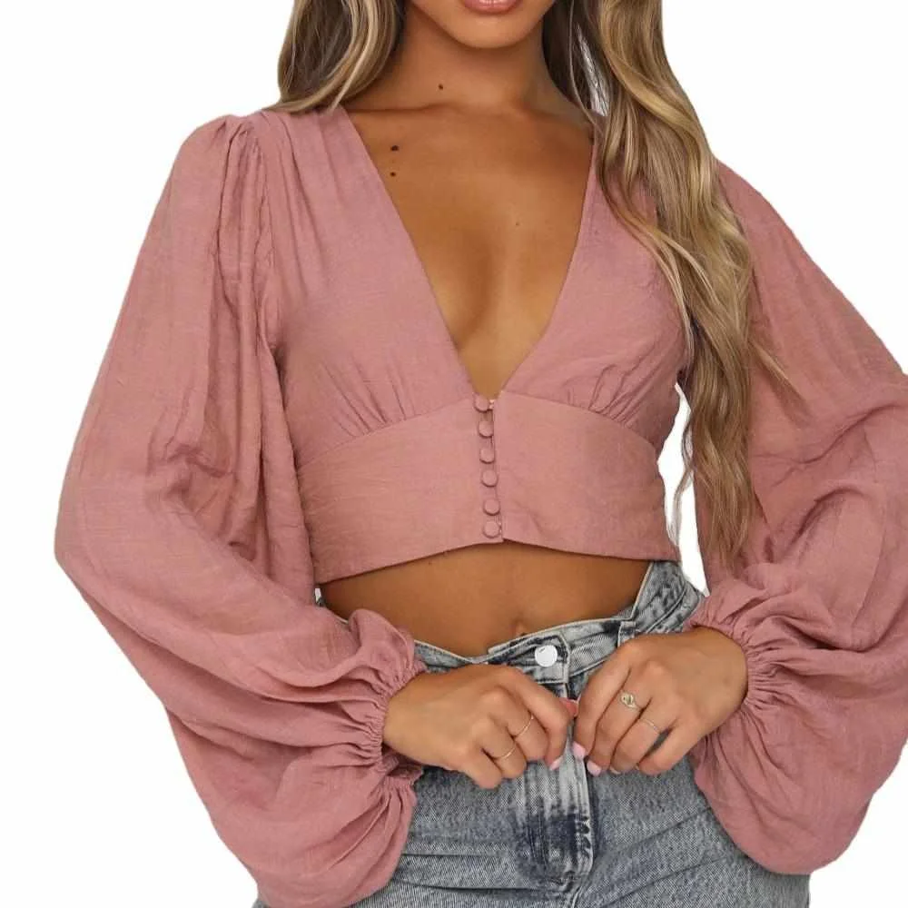 

Spring/summer Women's New Deep V Neck Lantern Sleeve Top, Picture color