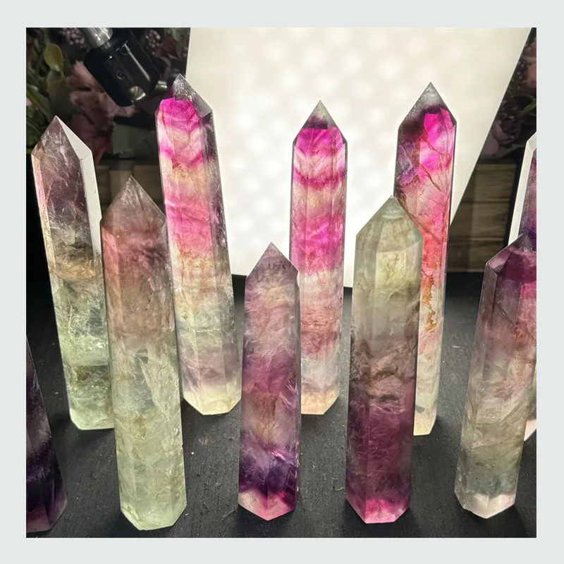 Wholesale Fengshui Natural Crystals Healing Stones Crystal  Watermelon Fluorite Point Towr  for Souvenir
