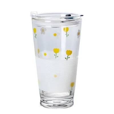 

Korea Printing Glass Cup With Straw Custom Cartoon Flower Milk Tea Cup, Picture