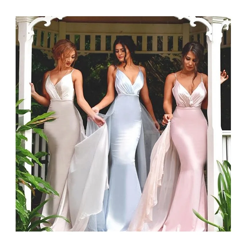 

Long V Neck Adult Girls Mermaid Bridesmaid Dress, Sky blue