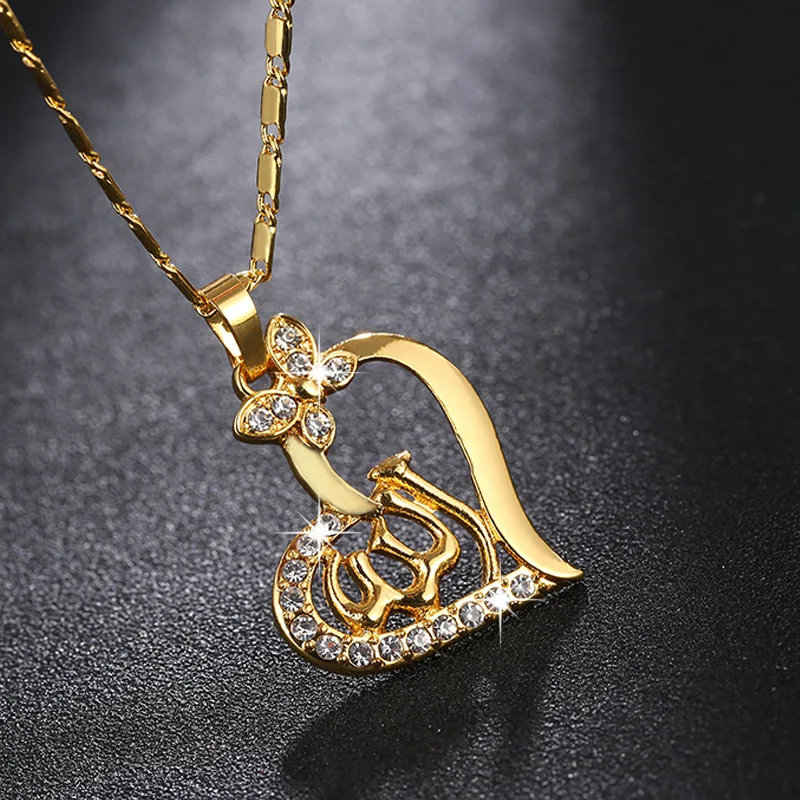 

Religious Jewelry Ireland Muslim Heart Pedant Necklace 18k Gold plated Brass Rhinestone Crystal Heart Necklace