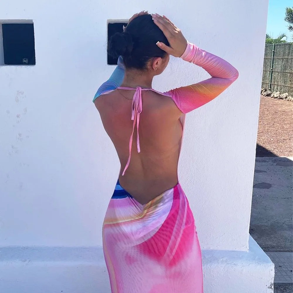 

2022 Summer Mesh Sheer Tie Dye Print Beach Cover Up Dress Women Sexy Backless See Through Bodycon Outfits Dresses