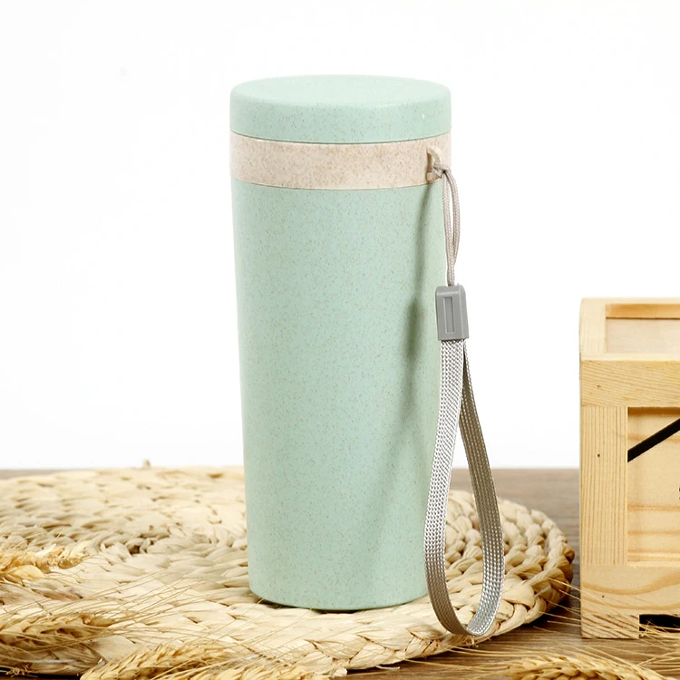 BPA free 400ml wheat insulated water drinking bottle with rope biodegradable wheat fiber material sports bottle shaker bottle