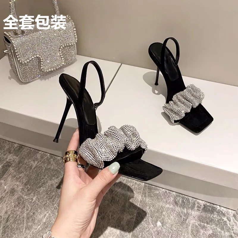 

Star same summer 2021 new one-word square toe slippers king party stiletto heels rhinestone sandal