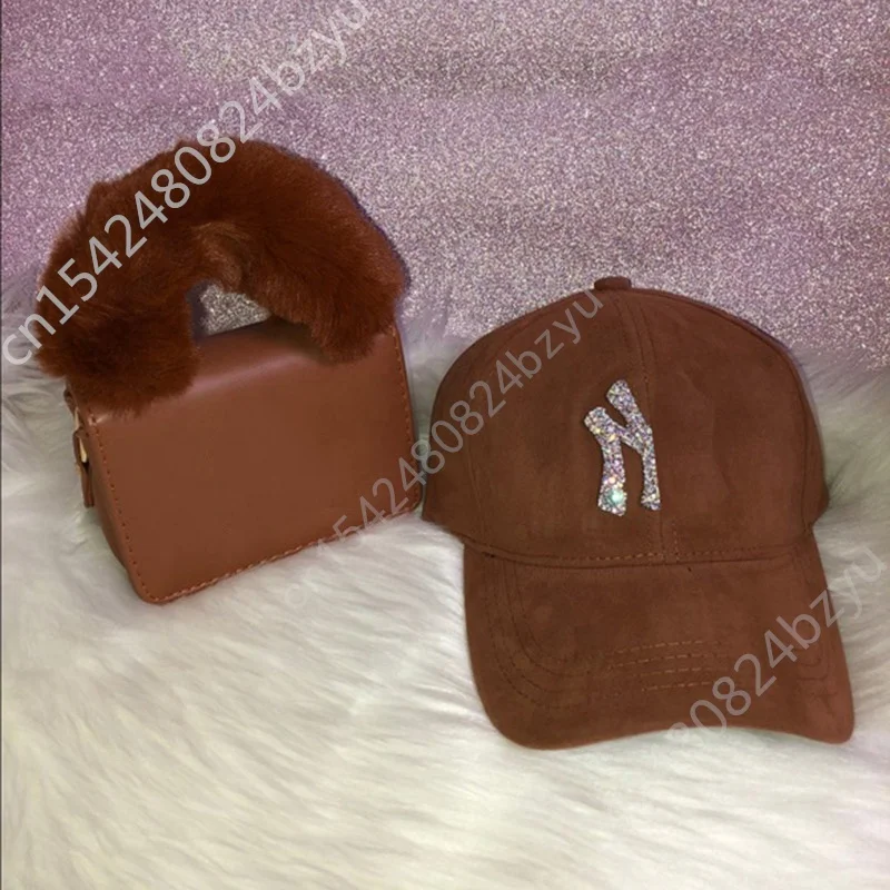 

Velvet Cap And Bag Autumn Winter Furry Small Diamond Shoulder Purse Luxury Women Rhinestone Mini Velvet Hat And Handbag Set