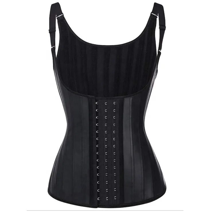 

Dongqian 25 steel boned waist support trainer fitness women vest leather 100% latex trimmer sweat vest, Black/skin colors
