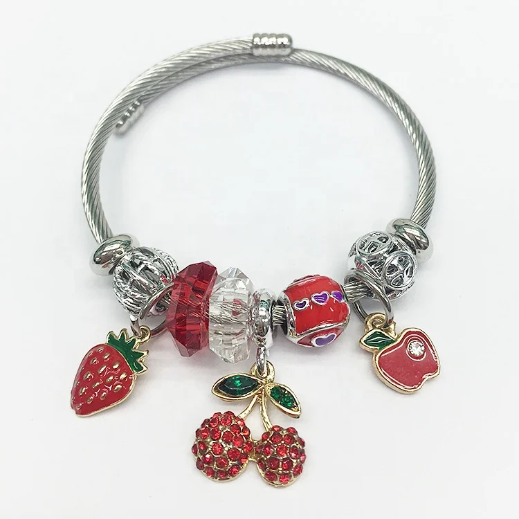 

Modalen Cute Fruit Charm Strawberry Enamel Diy Stainless Adjustable Girl Bracelet