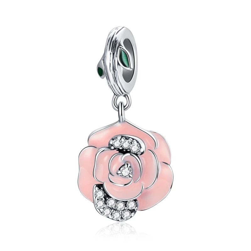 

SCC1752 Pink flower jewelry 925 sterling silver blooming rose pendant charm
