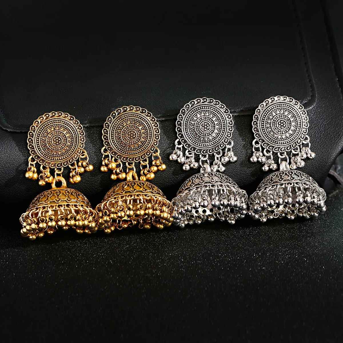 

Big Round Sunflower Handmade Dangle Drop Bells Gold Silver Oxidized jhumka Indian Earrings For Women Jewelry