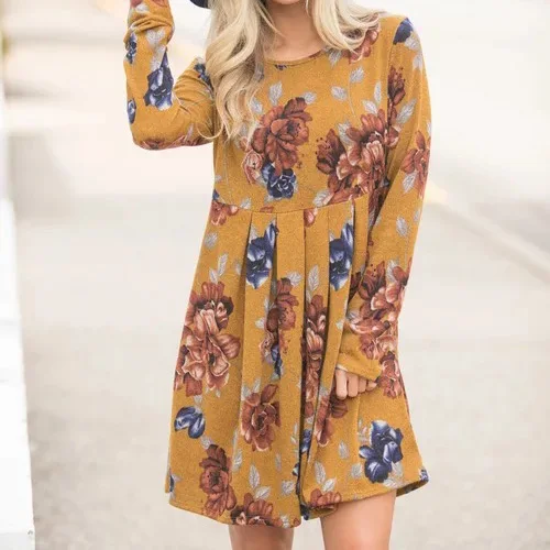 

D60 New Arrivals Long Sleeve floral print dress women autumn dress floral, N/a