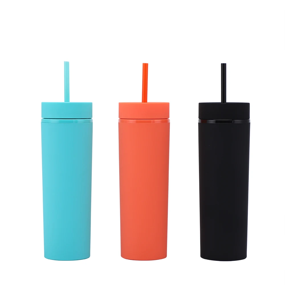 

Hot Sale 16oz Double Walled Colors Acrylic Plastic Matte Skinny Tumblers with Straws