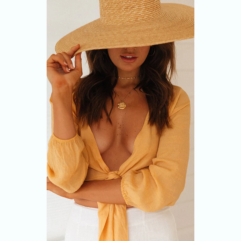 

AGRADECIDO Deep V Neck Crop Top Sexy With Knot Shirts And Blouses Ladies Blusas Cross Tops Woman Crop