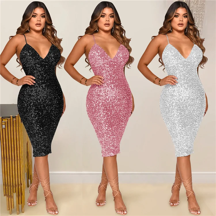 

LvCong Wholesale plus size sexy deep v streetwear bling bling night club solid color sleeveless dress for fat woman
