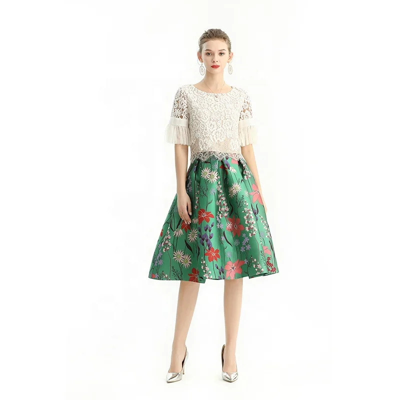 

S137-3 Summer Autumn Fall High Quality Fashion Elegant floral woven knee length Women Girl Skirts