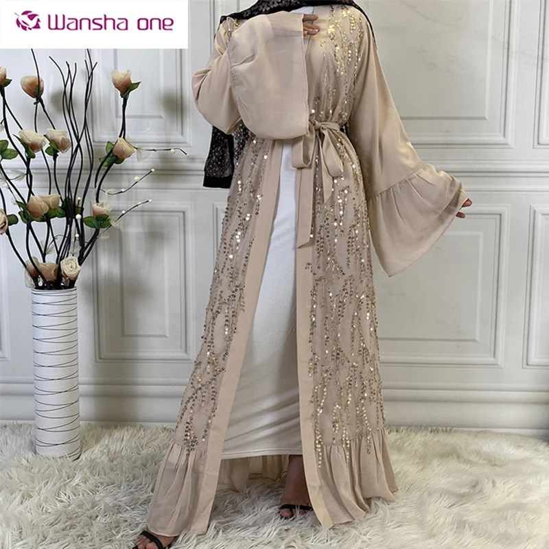

long sleeve kimono lace satin navy blue front dress brown white islamic women hand embroidered flower open abaya, Picture color
