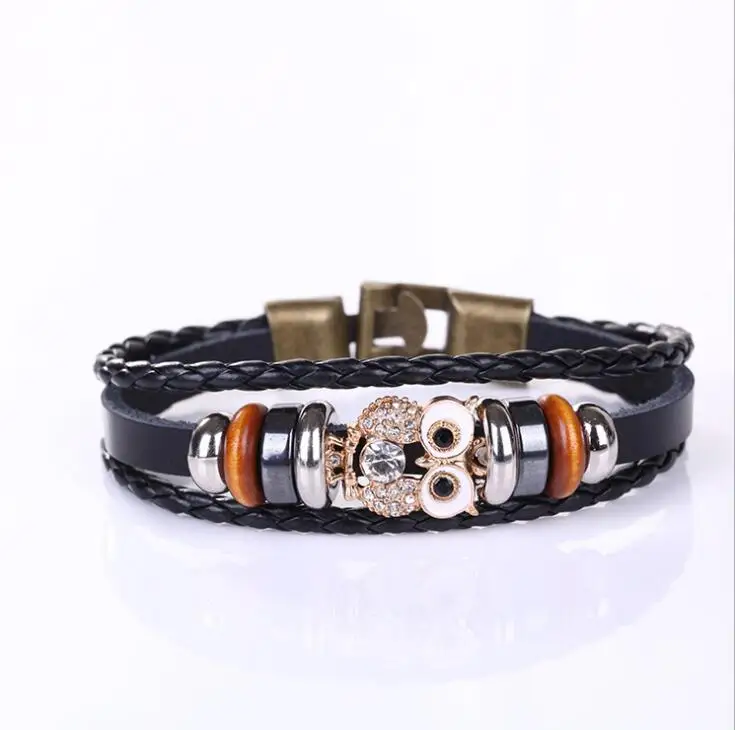 

European and American Vintage Woven Bracelet Leaf Star wing Combination Set Multilayer Mens Black Leather Bracelets Bangles