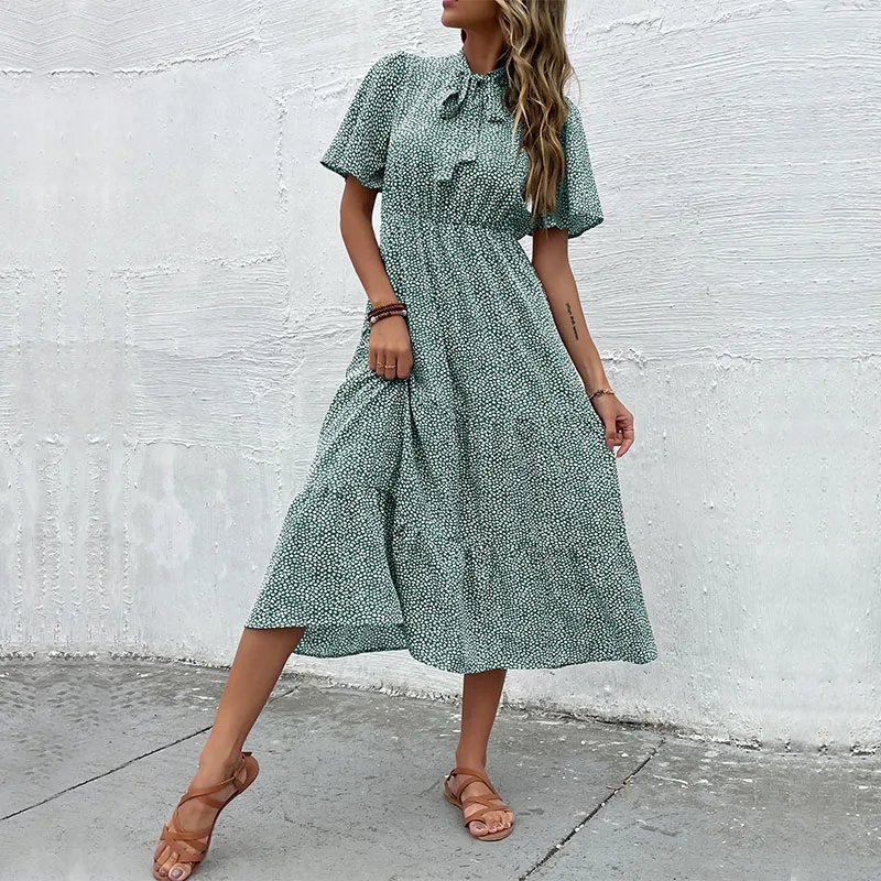 

Luxury Women Clothing Ruffle Dress Women Lady Elegant Bow Tie Casual Floral Dresses