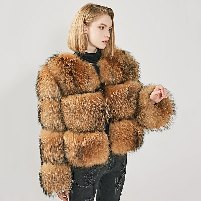 

Customize Short Real Women's Raccoon Fur Jacket Long Sleeve Natural Plush Fur Coat