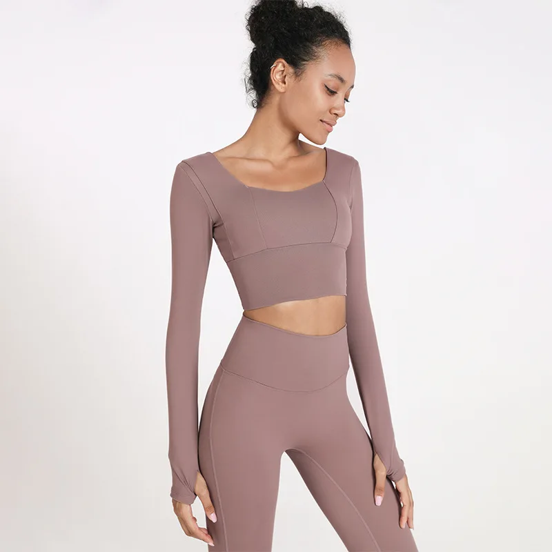 

New product beautiful back yoga wear long-sleeved t-shirt with chest pad solid color tight sports top women's fitness wear