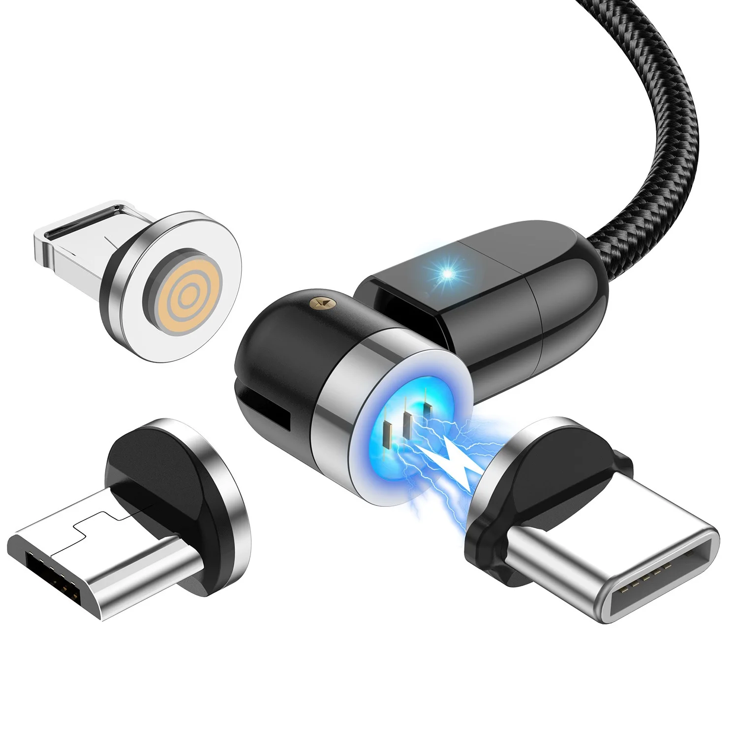 

2020 New Design Wholesale On Stock 540 Degree OD3.8mm data Micro Type C Magnetic USB Charging Cable, Black, red, purple