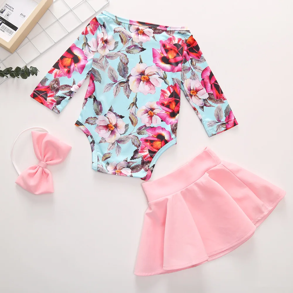 

2021 Girls pure cotton printed long sleeve Hattie pure color A line skirt three pieces headband baby dresses for summer, As pic shows, we can according to your request also