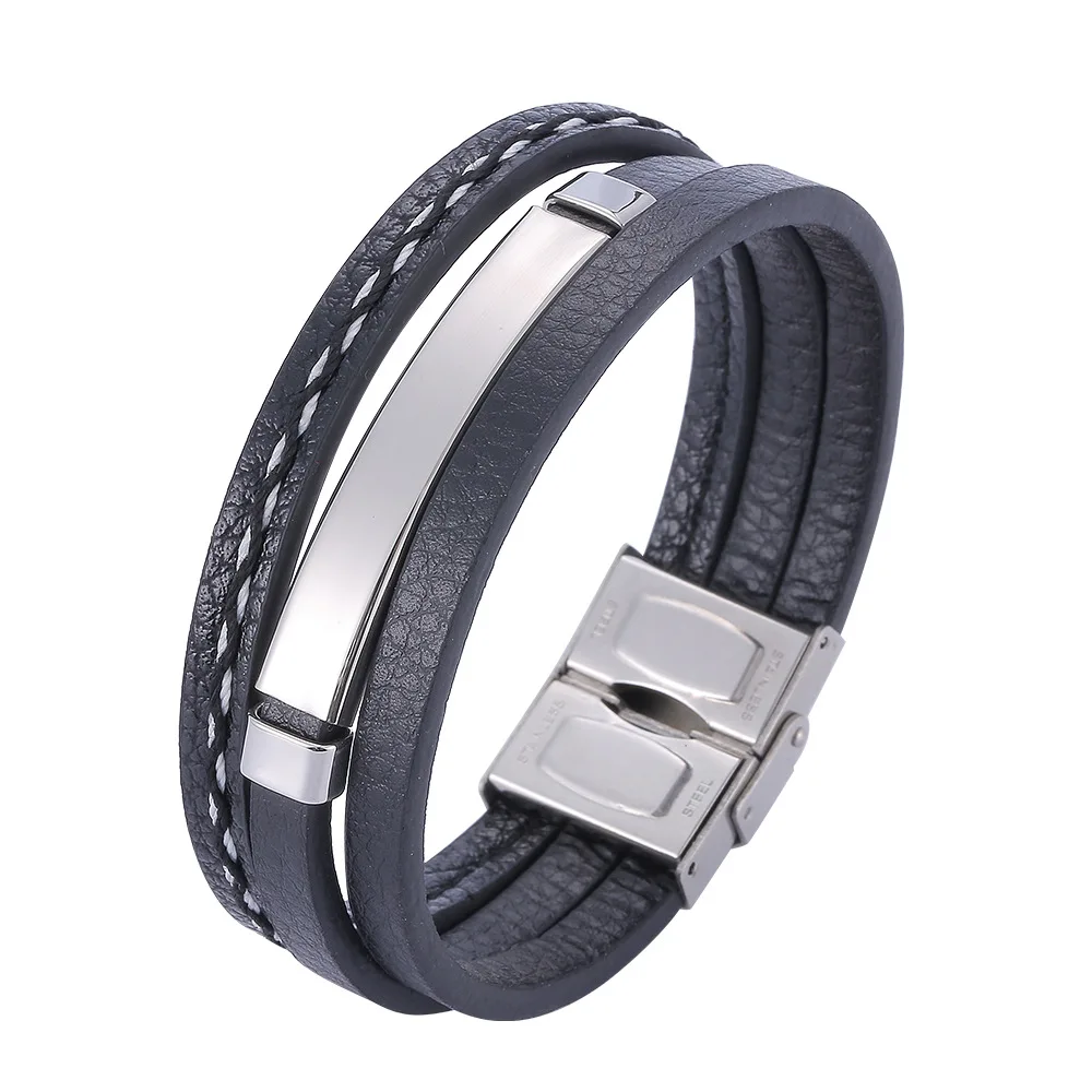 

High Quality Fashion Men's Bracelet Couple Jewelry Laser lettering Stainless Steel Buckle Leather Bracelets & Bangles For Men