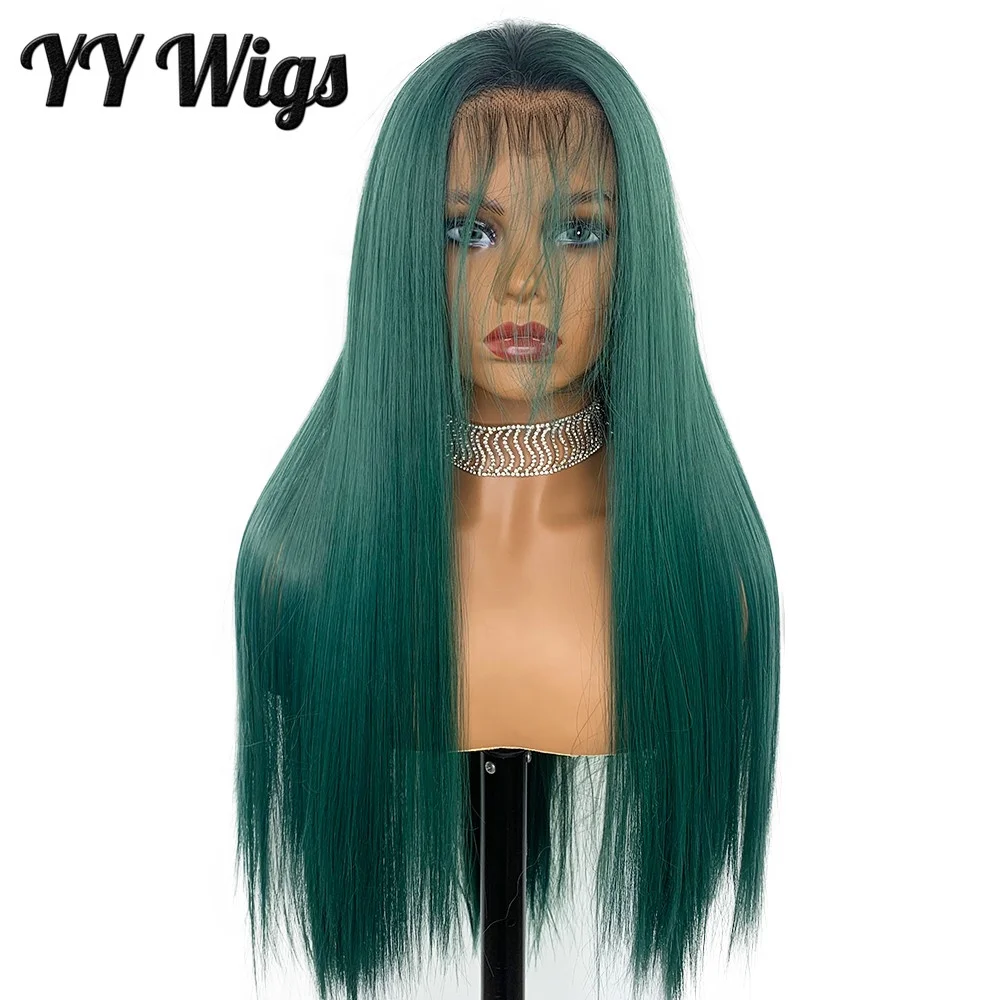 

13x6 Lace Front Ombre Dark Green Synthetic Wig Long Silky Straight 1b Green Color
