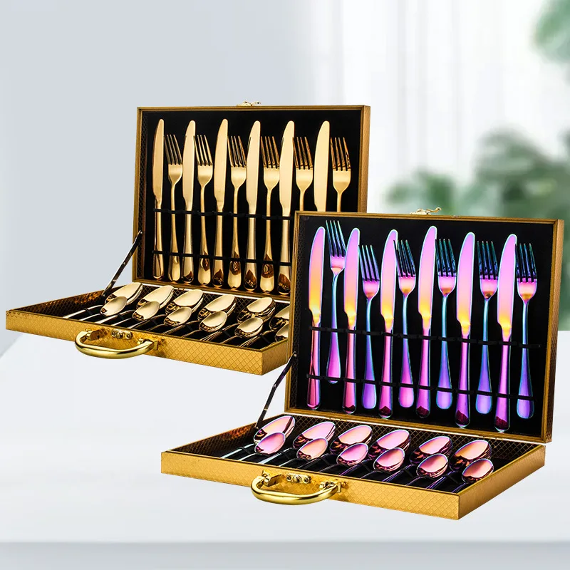 

Luxury Mirror Polishing Flatware Sets Hot Sale 24PCS Cutlery Set Stainless Steel with Wooden Box, Sliver,black,rose-gold,colorful
