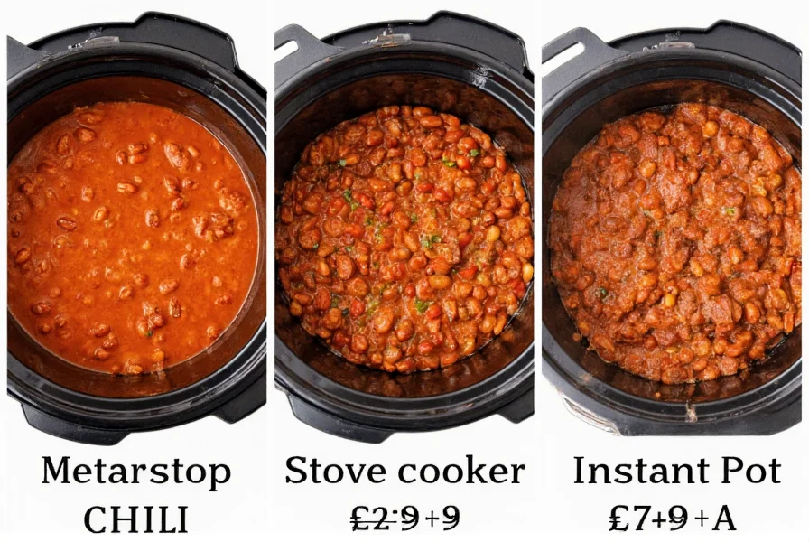 Three different chili cooking methods side by side showing stovetop pot, slow cooker, and Instant Pot with timing indicators