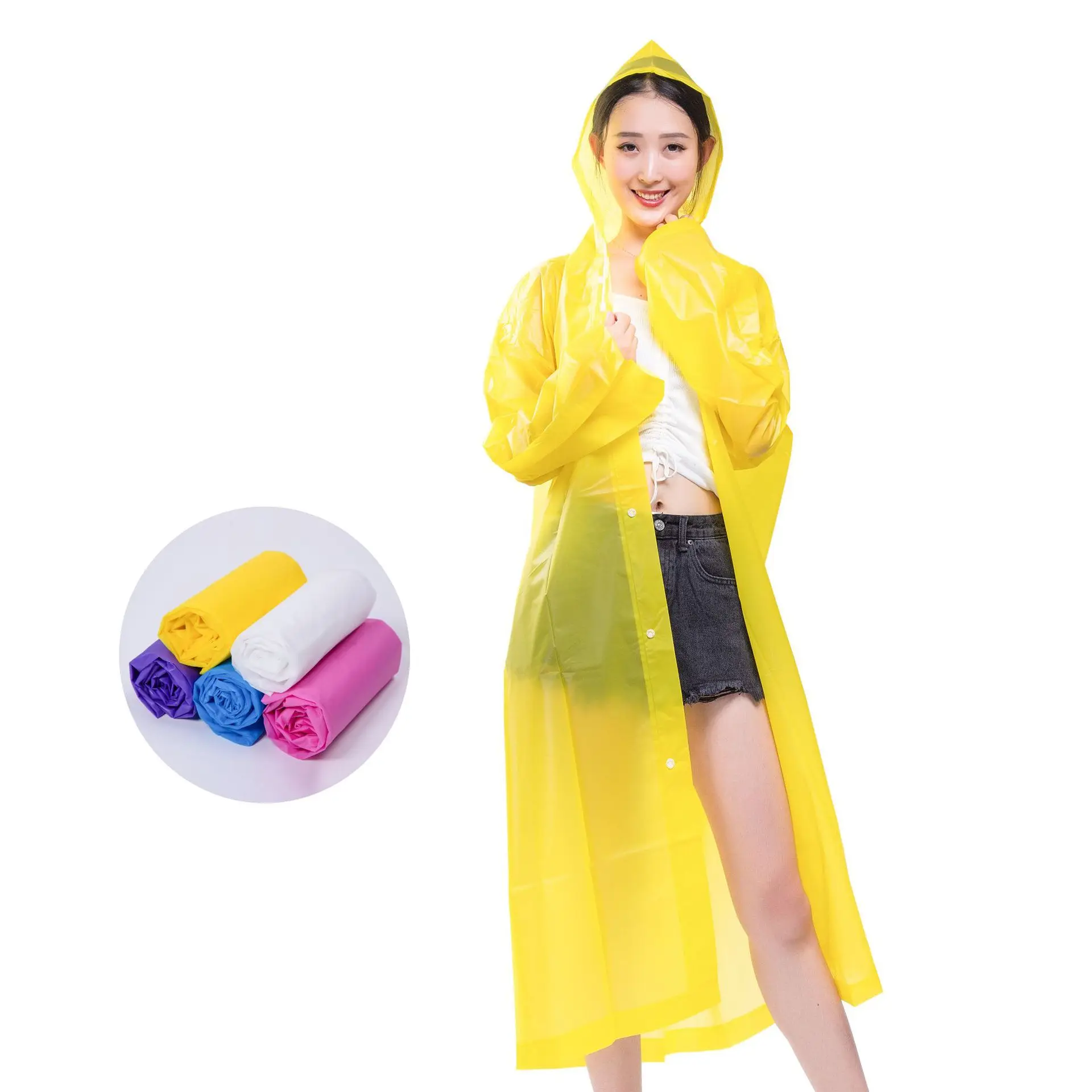 

EVA Promotional Raincoat Good Quality Custom Waterproof Rain Coats Long Sleeve And Buttons Raincoats For Adults, Blue/yellow/pink/tranfport/purple/black