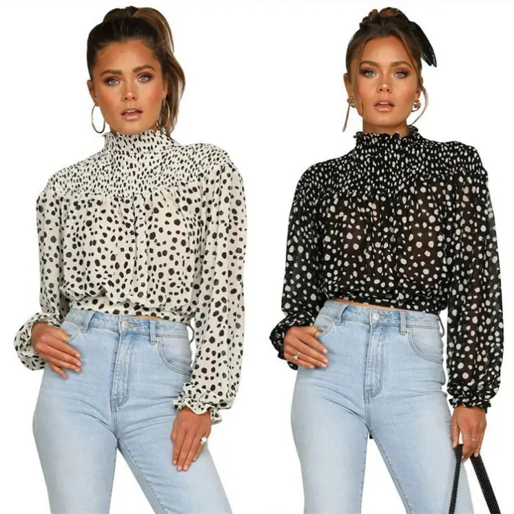 

09978OF 2020 casual polka dot print round neck pleated tie long sleeve crop top ladies chiffon blouse