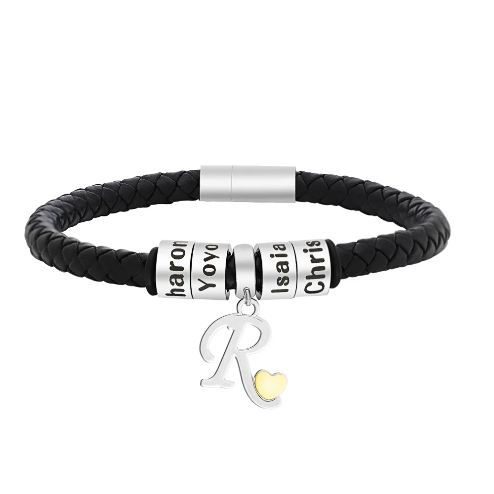 

Fashion Customized Letter Engraved Black Leather Charm Bracelet For Men